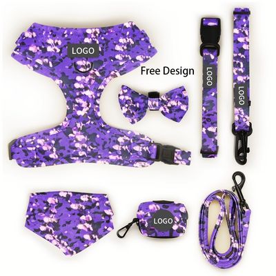 Buy Custom Print Pattern Designer Soft Padded Dog Harness Set with Adjustable Vest Collar Leash and Bow Bandana in Various Colors online manufacture