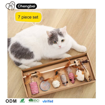 Cat Teaser Playing Cat Toys Interactive Set Wooden Gift Box 7pcs Cat Teaser Wand for Cats